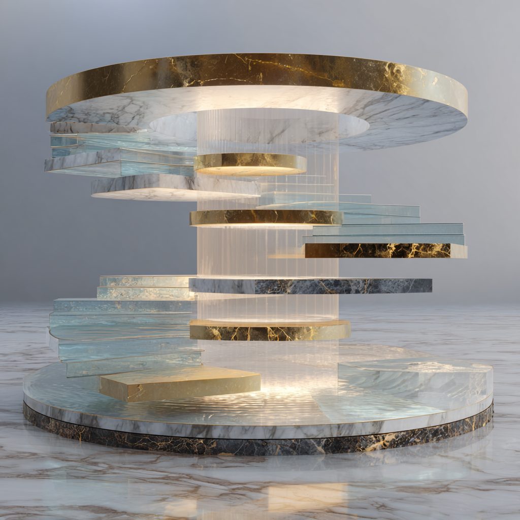 A sculptural tower of offset disks in clear glass, white marble and gold leaf rises from a round marble base around a softly glowing central column, set against a pale gray backdrop.