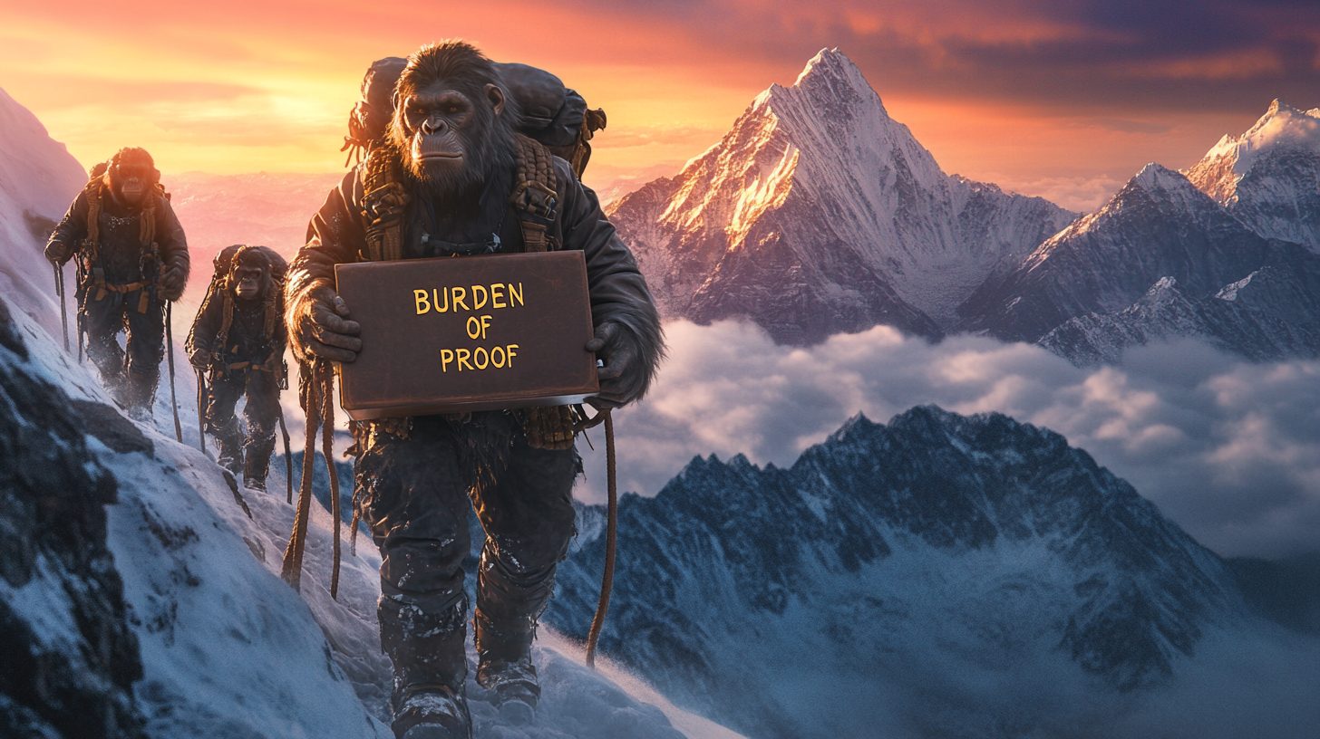 A line of apes in mountaineering gear climbs a snowy ridge at sunrise; the leader carries a wooden sign reading 'Burden of Proof' against a backdrop of peaks above the clouds.