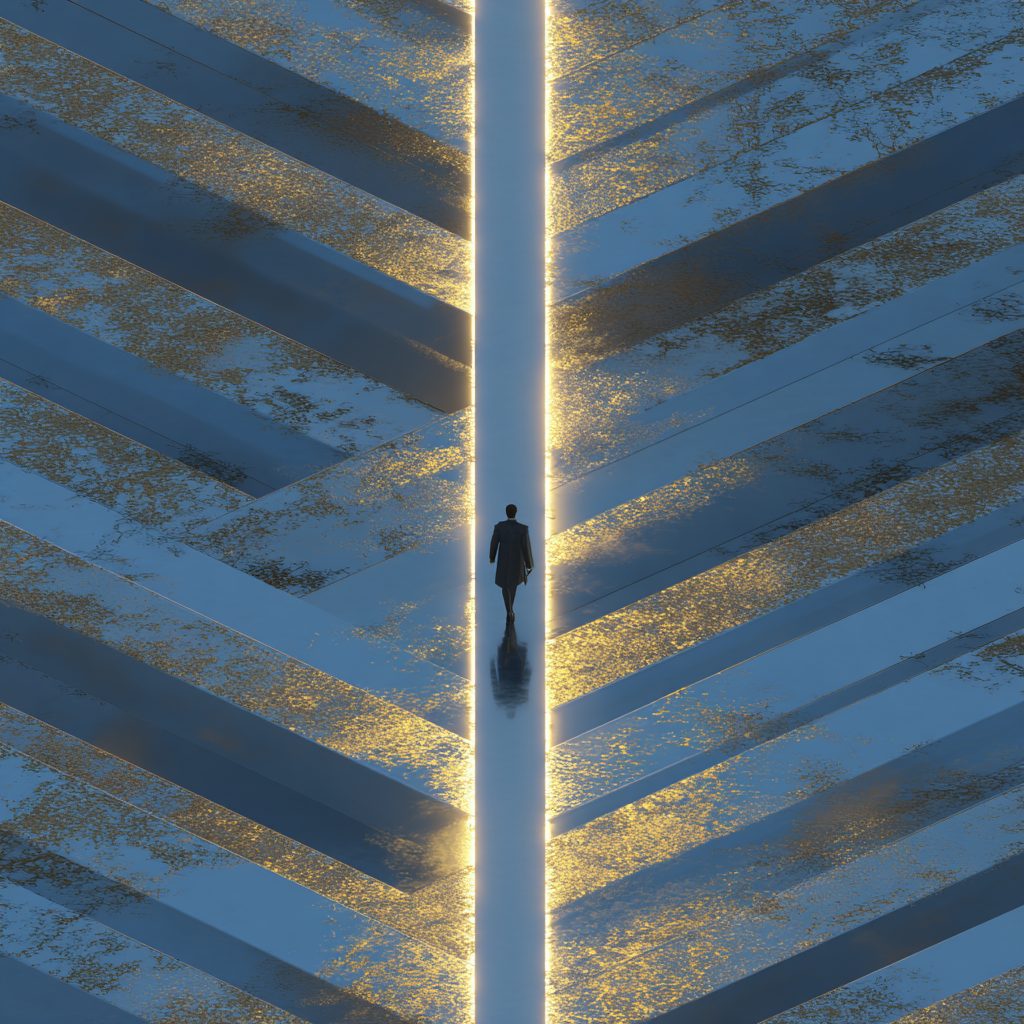 A lone figure walks a glowing central seam while diagonal bands of blue and weathered gold branch away on either side.