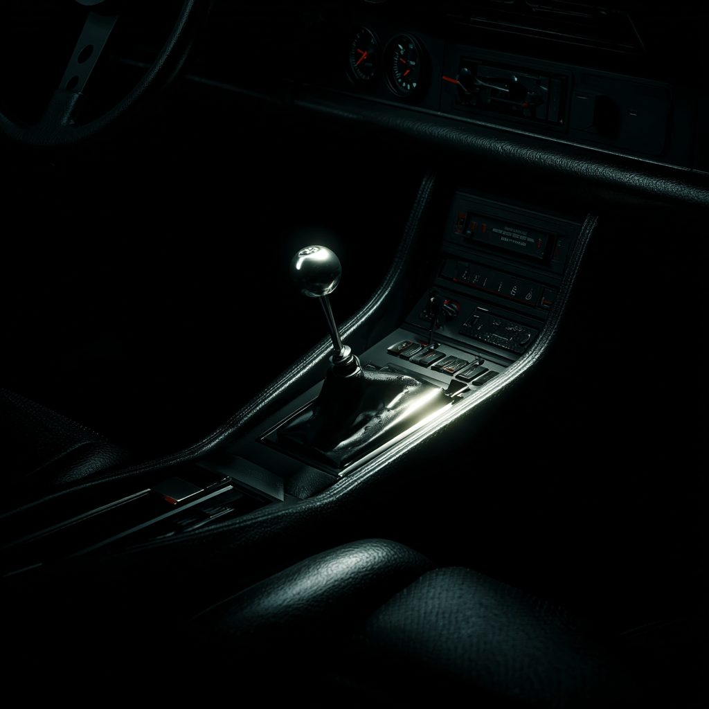 A dark sports-car cockpit in near blackness, a chrome gear lever catching a cold pool of light.