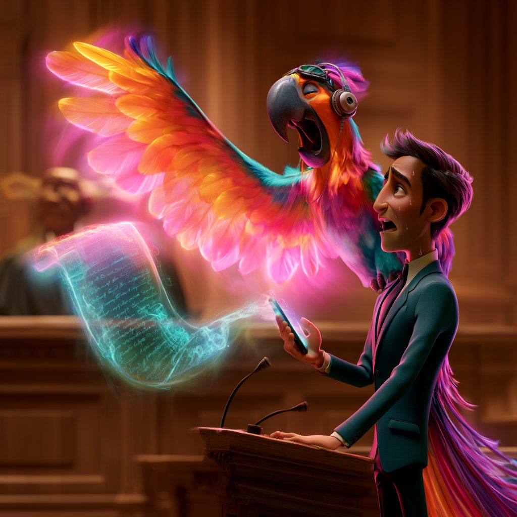 An animated courtroom scene: a young lawyer at a wooden lectern holds up a phone while a huge, glowing parrot with rainbow wings and headphones squawks over his shoulder, a luminous scroll of text streaming toward the bench.