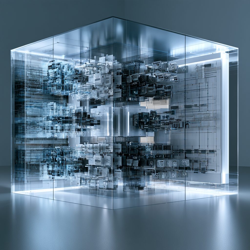 A transparent glass cube in a gray studio, filled with suspended layers of cards and panels arranged like an index of records, lit softly from below.