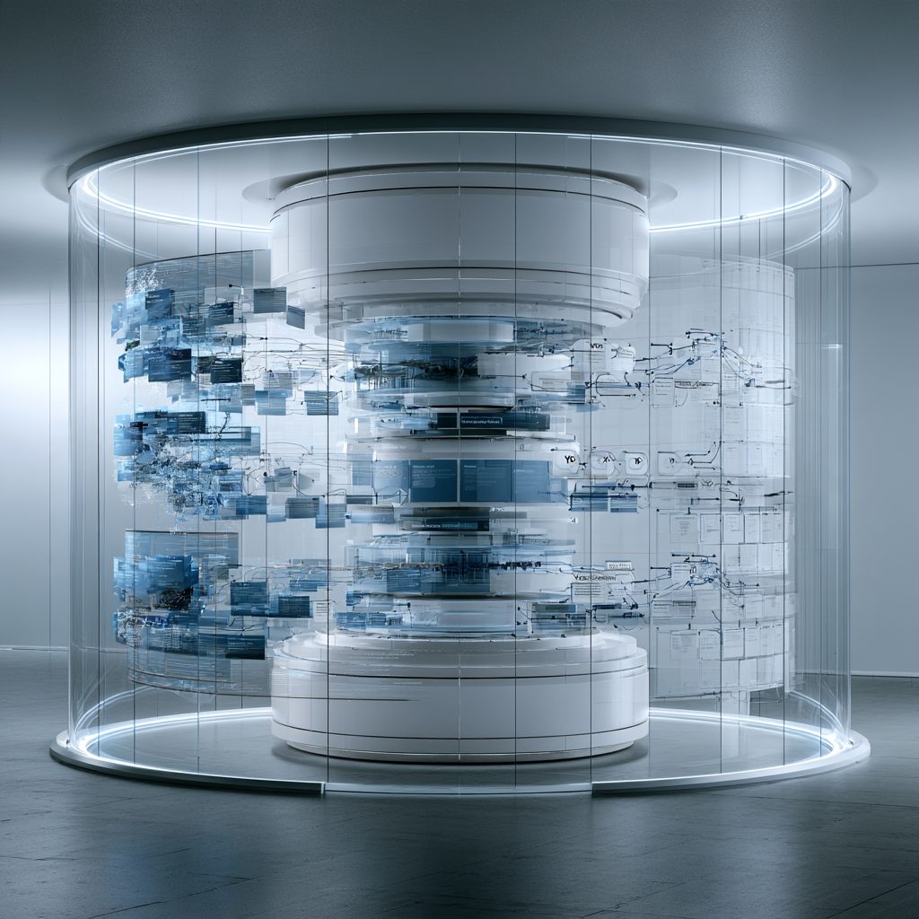 A transparent glass cylinder in a bright white room encloses a white central column, with fragments of blue documents and data panels suspended in layers around it.