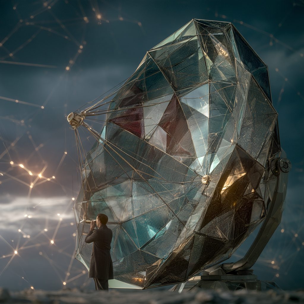 A man in a dark coat peers through a small eyepiece at the base of an enormous faceted glass radio dish, under a night sky strung with glowing lines like a constellation map.