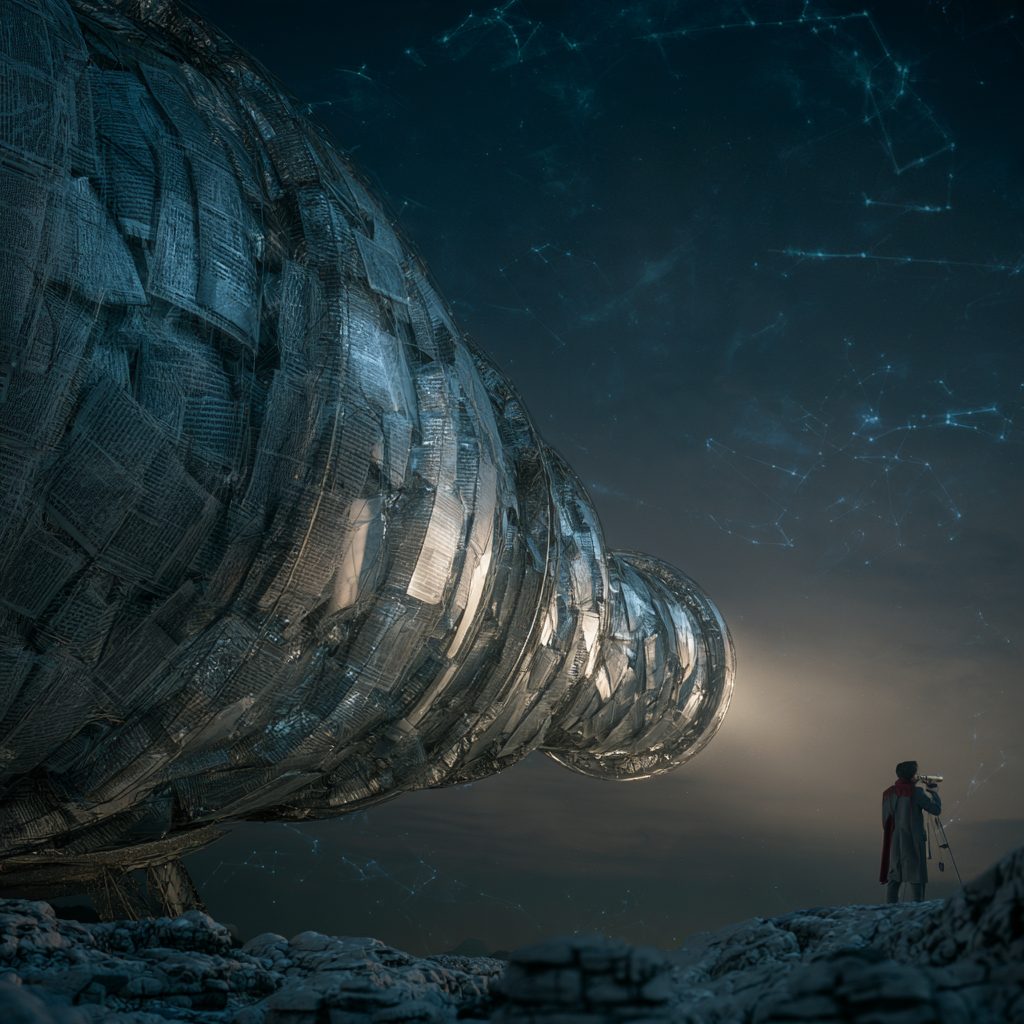 A lone figure in a red scarf stands with a small telescope on a tripod on rocky ground, facing a colossal telescope barrel built from layered paper pages that points into a star-mapped sky.