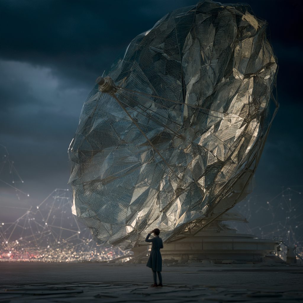A small figure shields her eyes as she looks up at a vast crumpled-glass dish that seems paved with printed pages, while a web of glowing points spreads across the dusky plain behind her.