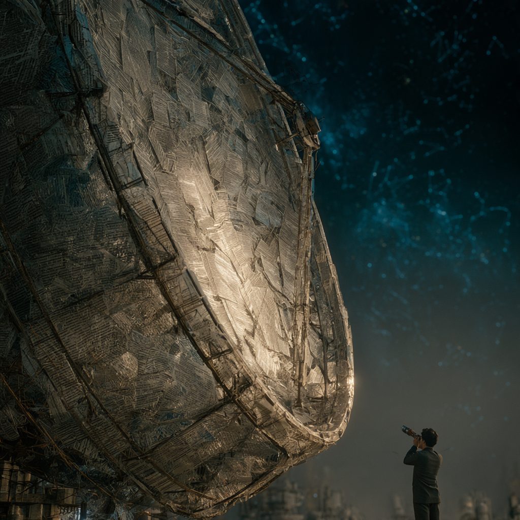 A man in a suit looks up through a small telescope at the lit rim of a giant dish assembled from sheets of printed text, beneath a deep blue field of stars.