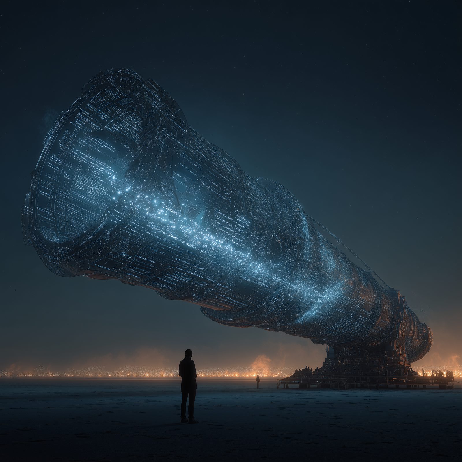 A figure stands before a vast crystalline telescope aimed at a dark sky.