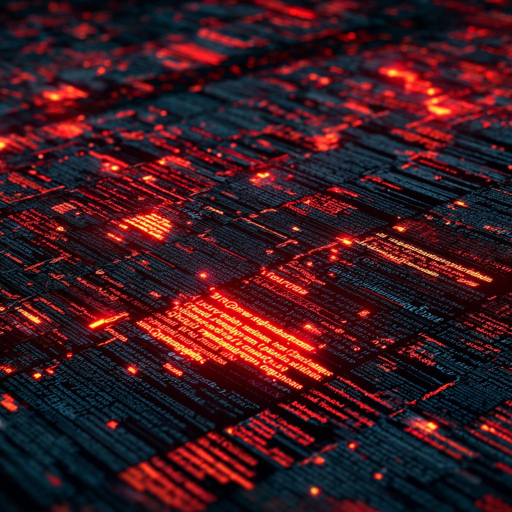A dense, dark landscape of document text stretching to the horizon, with scattered passages glowing red as if highlighted from within.