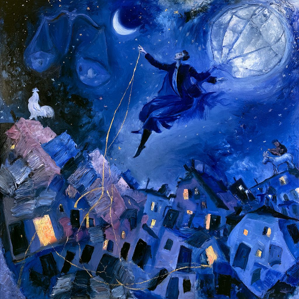 A dreamlike oil painting in deep blues: a figure in a dark coat floats above crooked rooftops at night, holding a golden thread that runs down among the houses, beneath a crescent moon, a pale globe, and a faint set of scales in the sky.