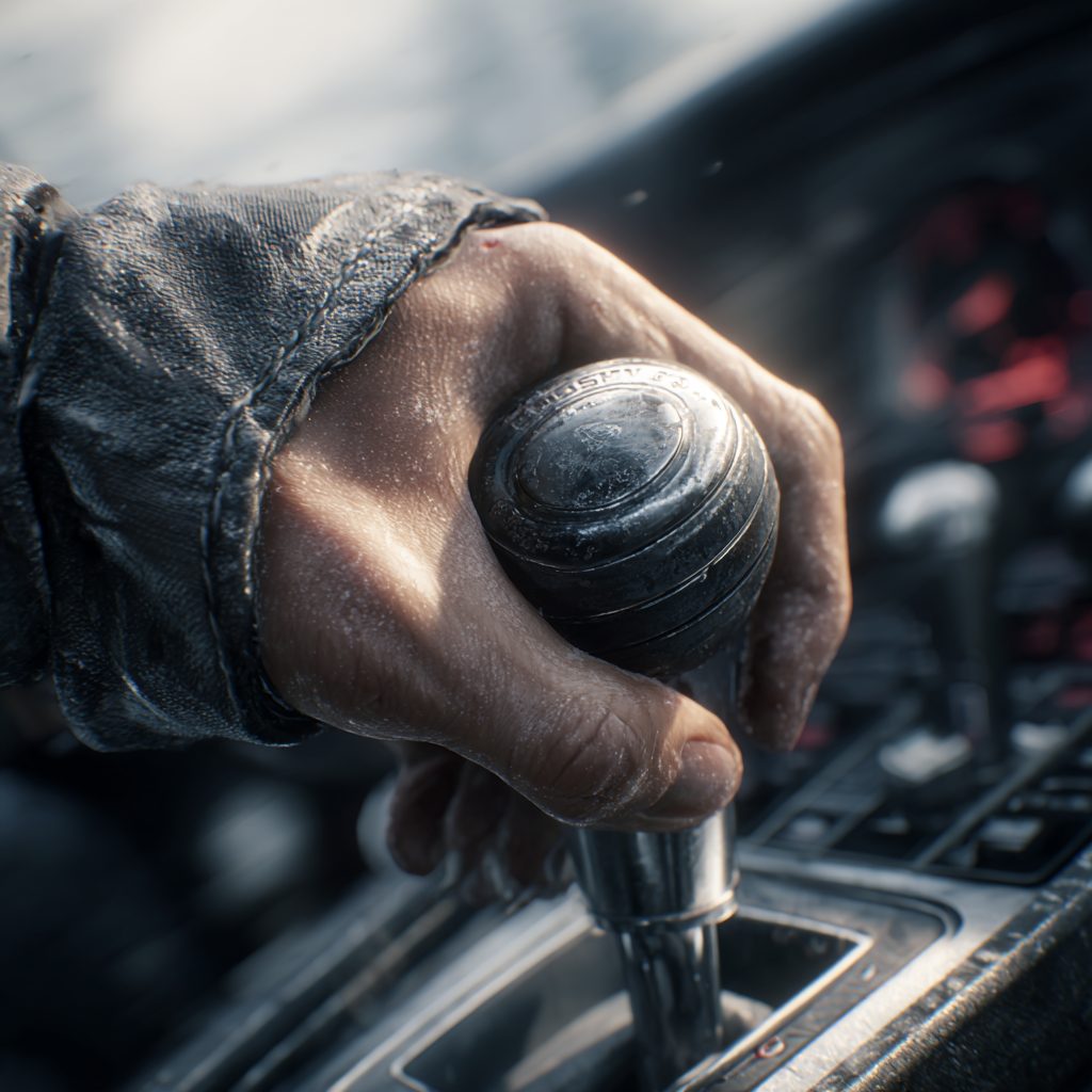 Close-up of a weathered hand in a dark sleeve gripping a worn, spherical gear-shift knob, with the car's console and dashboard blurred behind it.