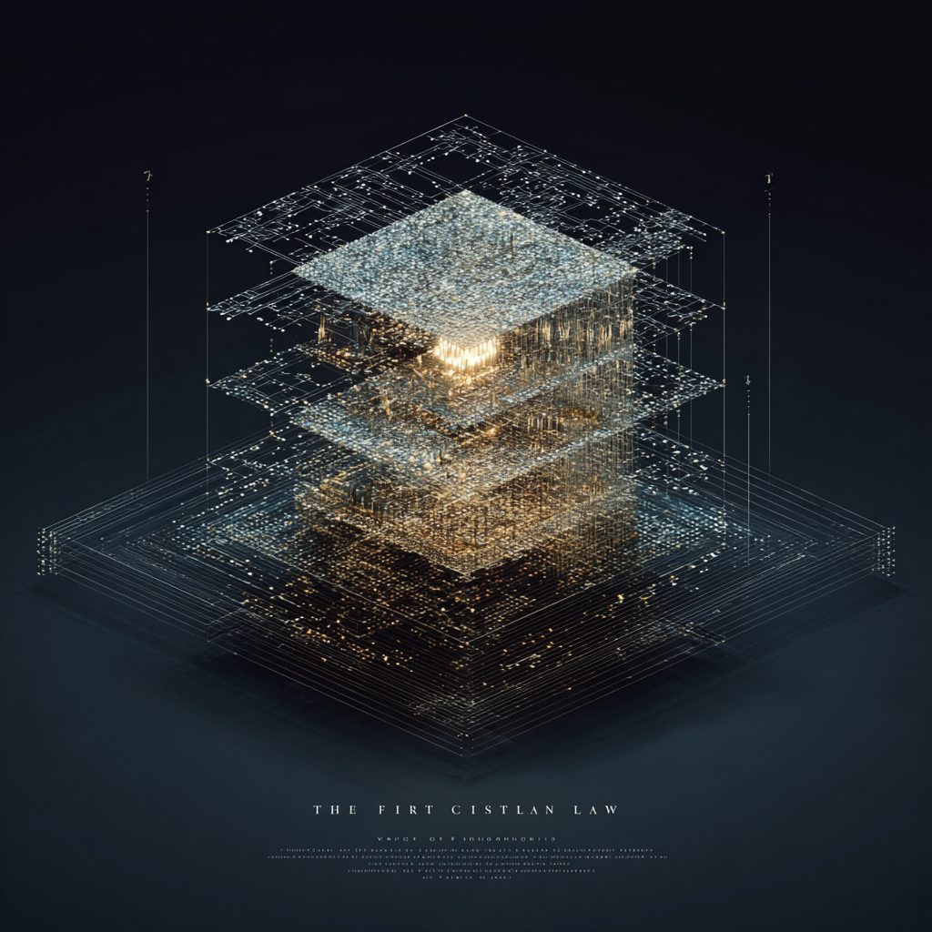 A glowing, exploded stack of translucent layers hovers over a dark technical grid above a small title line, like a cross-section of a legal system.