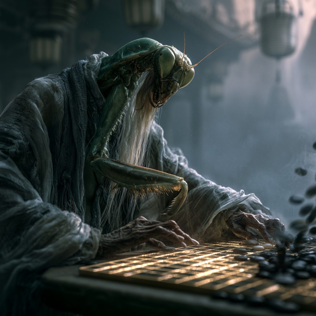 An elderly robed mantis with a long white beard bends over a glowing Go board in a dim hall as black stones scatter through the air.