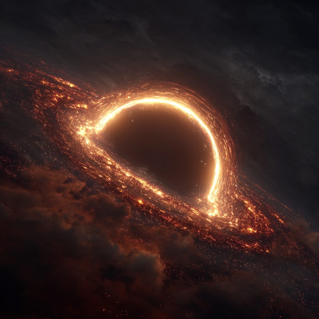 A black hole's glowing orange ring of light arcs above a swirling disk of embers and dark cloud, the center a disc of perfect darkness.