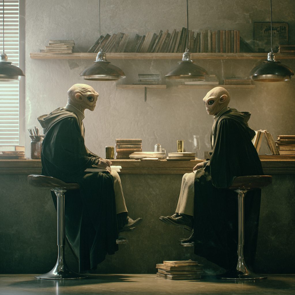 Two robed extraterrestrial figures sit on tall chrome stools at a long wooden counter lined with books and brass cups, turned toward each other under a row of hanging industrial lamps.