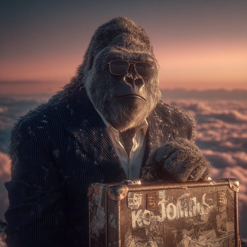 A gorilla in sunglasses and a dark pinstriped suit rests one hand on a battered, sticker-covered suitcase, posed above a sea of clouds at dusk.