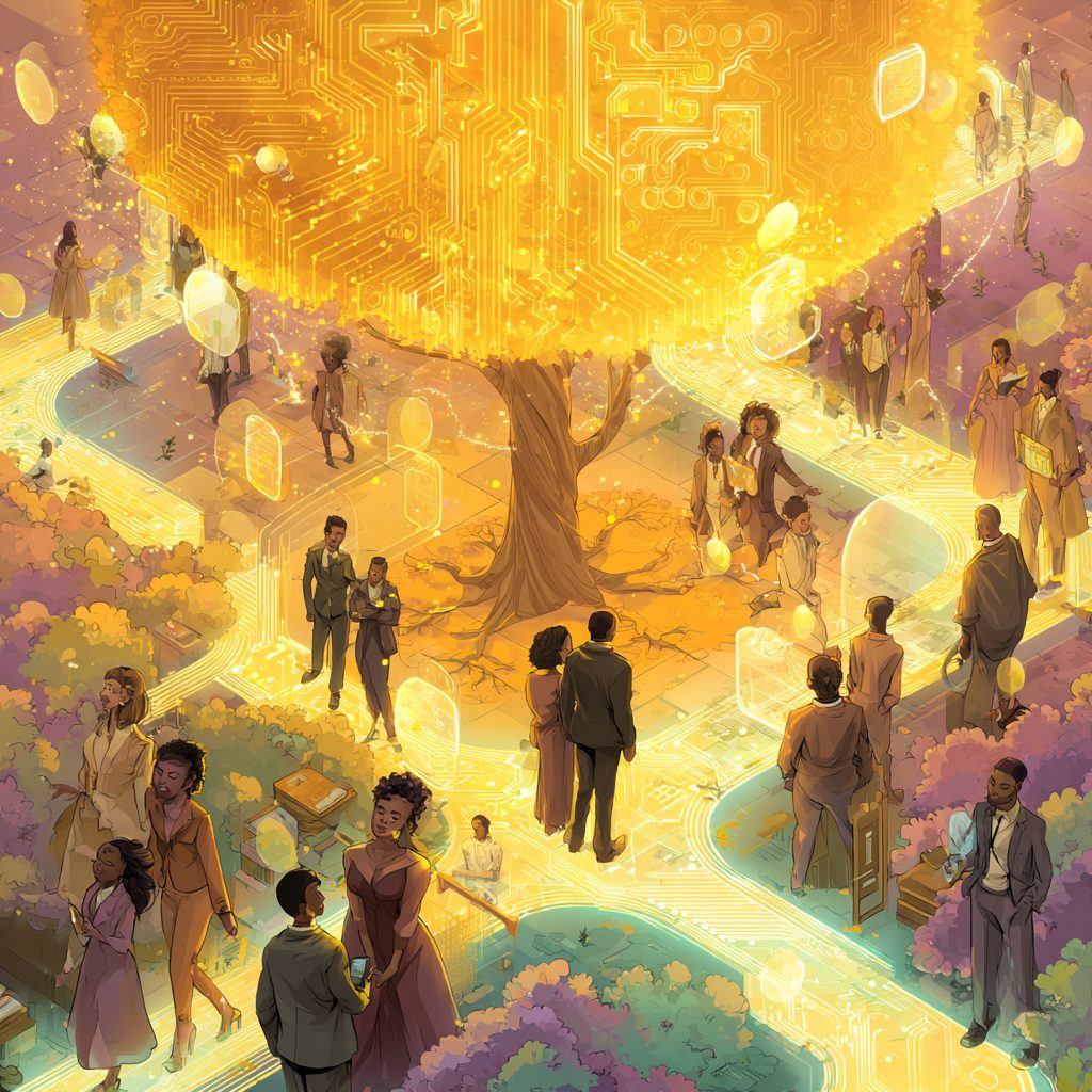 A warm, glowing illustration of people in business and evening dress walking along winding, luminous pathways beneath a great golden tree whose canopy is patterned like a circuit board, with lilac shrubbery at the edges.