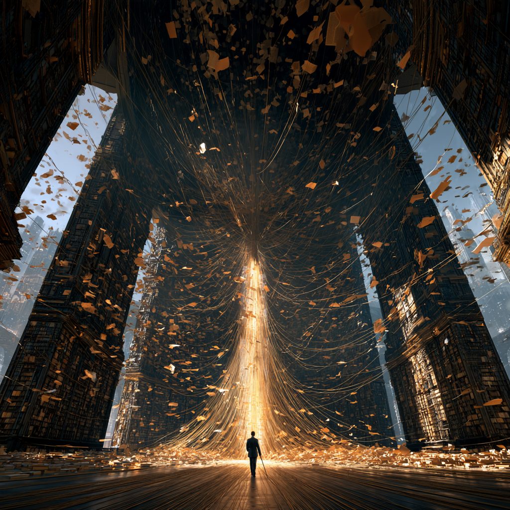 A lone figure walks toward a shaft of golden light between towering, tilted walls of dark bookshelves, with loose pages drifting through the air like embers.