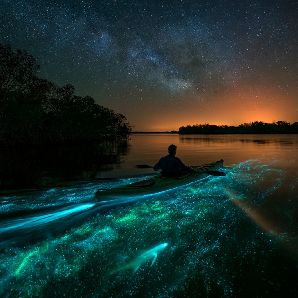 A lone kayaker glides across a dark lagoon under a starry dusk sky, the water around the boat glowing with bioluminescent blue-green light.