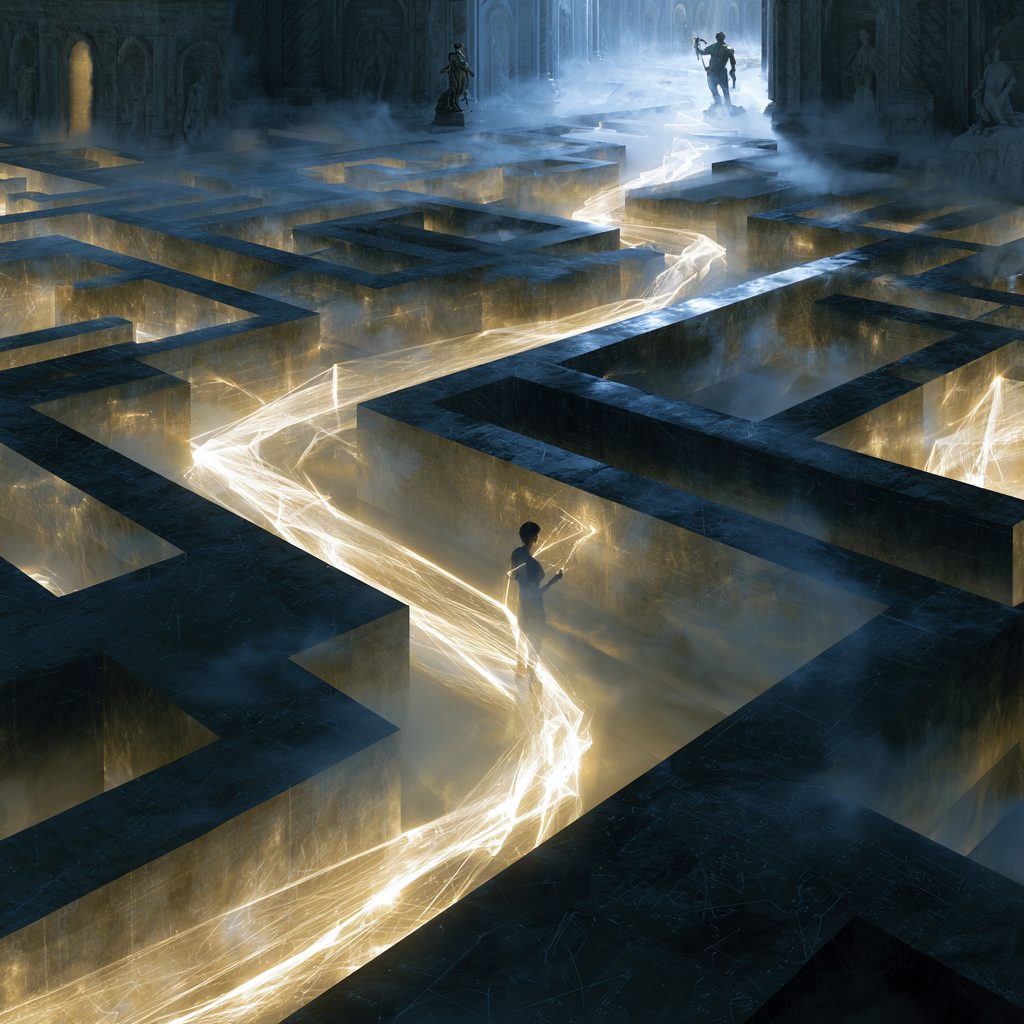 Seen from above, a dark stone labyrinth with a single glowing white thread winding through its corridors, and a small figure walking along the lit path.