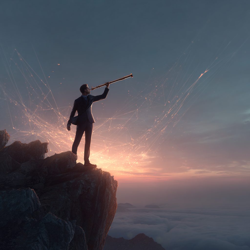 A figure in a suit stands on a rocky outcrop at dawn, looking through a long telescope toward a glowing horizon.