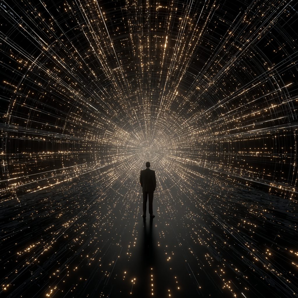 A lone figure in a suit stands at the center of a tunnel of streaking points of light radiating outward into darkness.