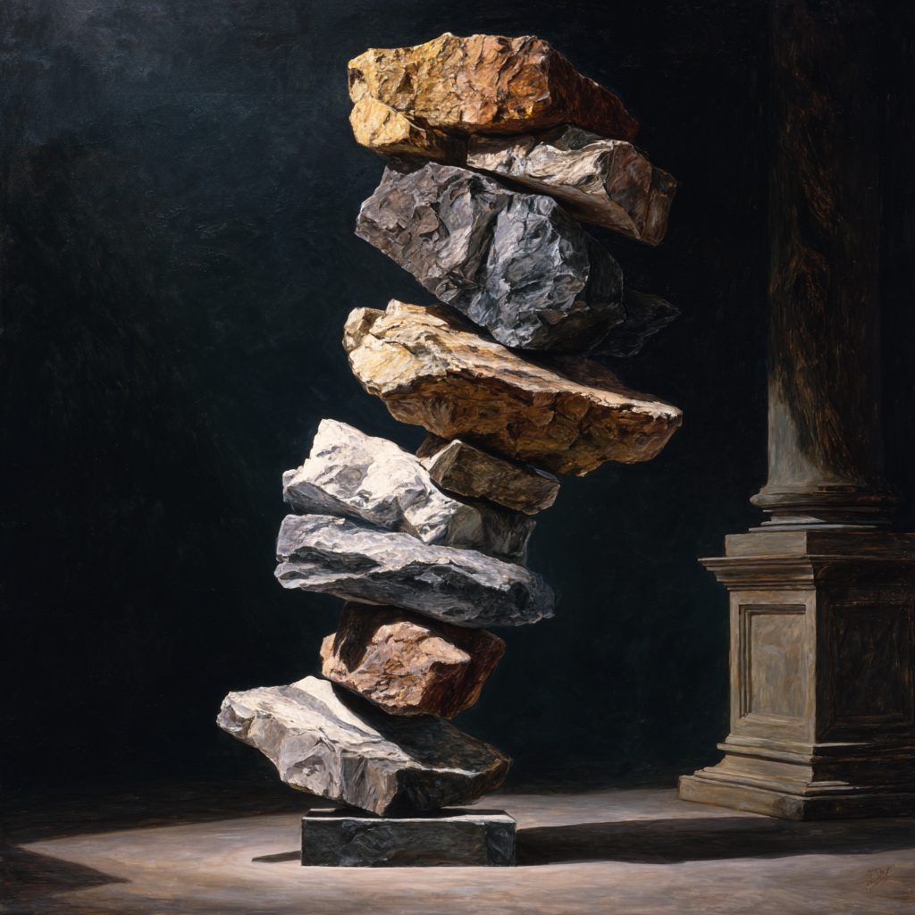 A precarious column of rough, mismatched stones leans to one side in a dark stone hall beside a classical pedestal.