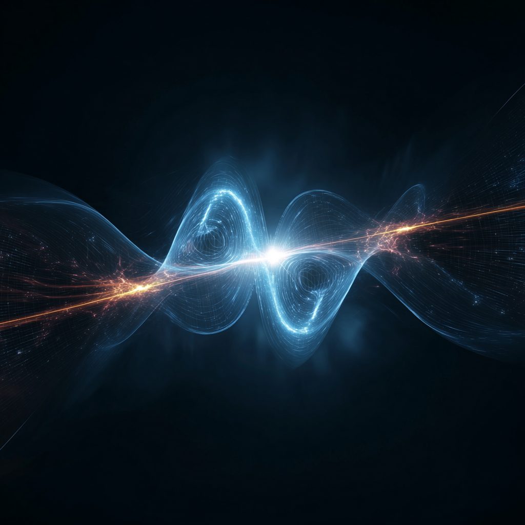 Two luminous blue waveforms spiral around each other across a dark field and converge at a single bright point of white light, like a gravitational-wave signal emerging from noise.