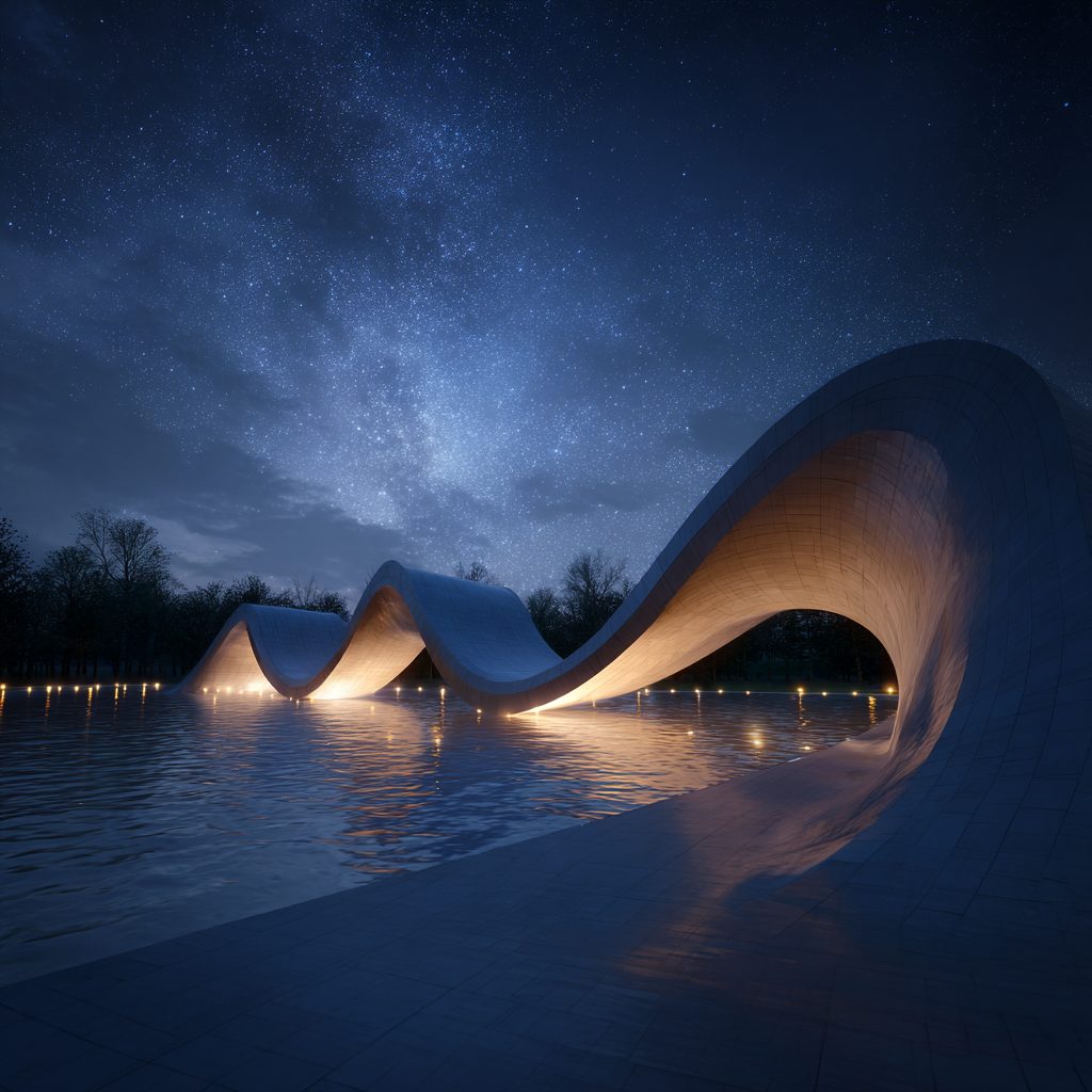 A white structure rises and falls like a wave along a still reflecting pool, lit warmly from within beneath a star-filled night sky.
