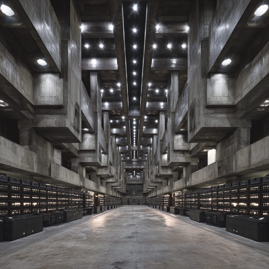 A vast brutalist interior of concrete galleries and long rows of lit machine cabinets recedes toward a bright vanishing point.