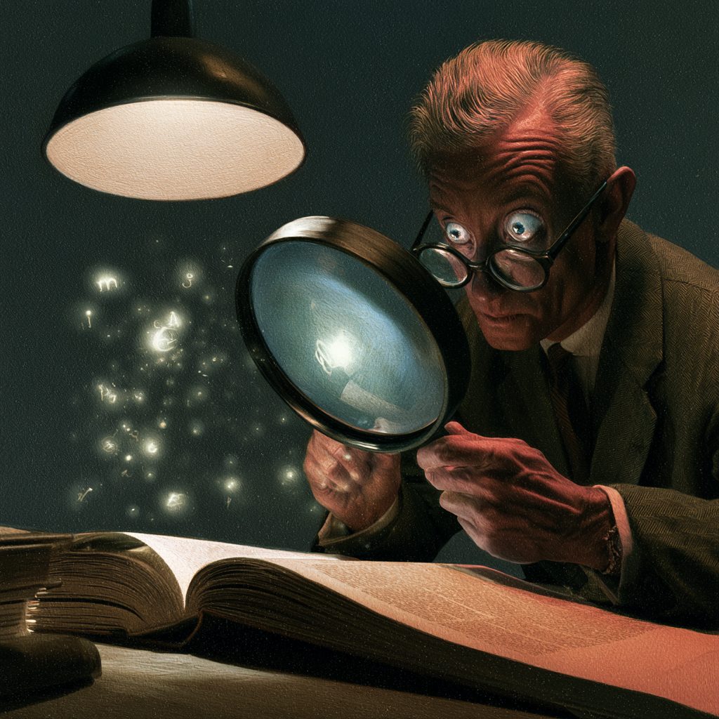 A wide-eyed elderly attorney under a desk lamp peers through an oversized magnifying glass at an open book, specks of light drifting in the dark around him.