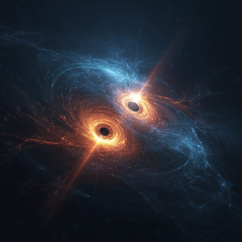 Two black holes spiral toward each other, trailing arcs of orange and blue light through a dark field of swirling gas.