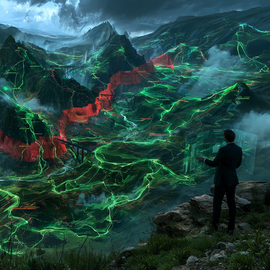 A figure in a dark suit stands on a rocky ledge beside a floating display, overlooking a storm-dark mountain valley laced with glowing green paths and crossed by a single red band.