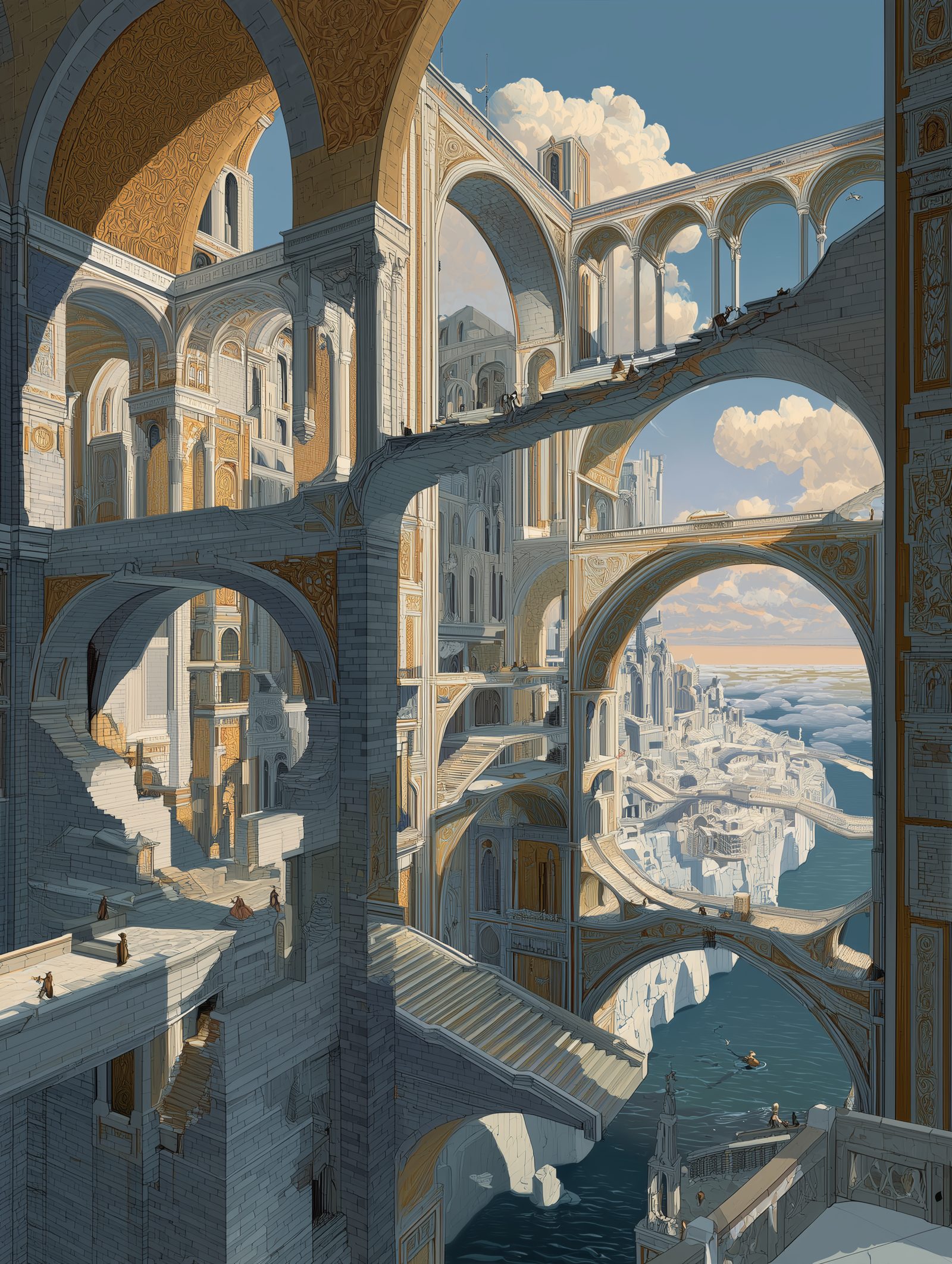An impossible white architecture of stacked arches, bridges and staircases climbing over one another, opening onto a pale sea and sky.