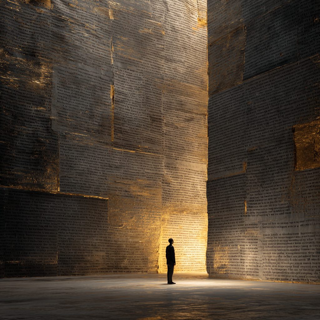 A small figure stands in a shaft of warm light at the foot of two towering walls built from blocks of printed text.