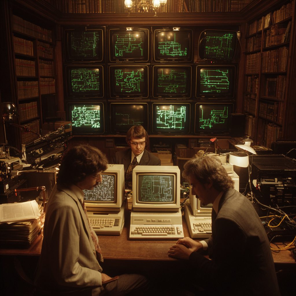 Three researchers in 1980s dress sit at beige desktop computers in a wood-paneled room lined with bookshelves, beneath a wall of monitors glowing with green circuit-like diagrams.
