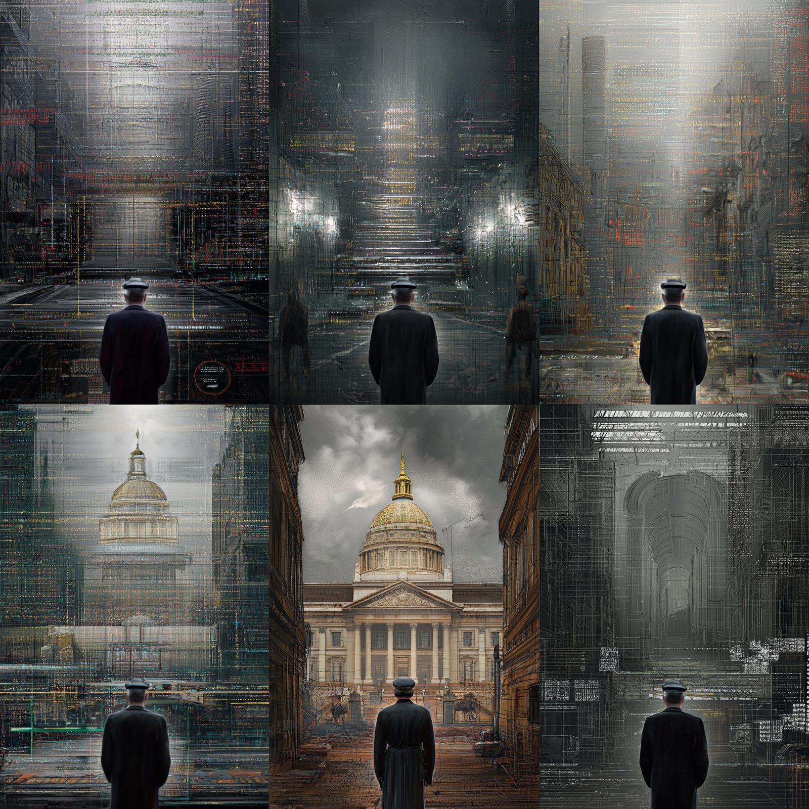 Six panels, each showing the same figure in a dark coat and cap from behind, facing a different hall of authority rendered through a haze of data; two panels reveal a domed capitol building.