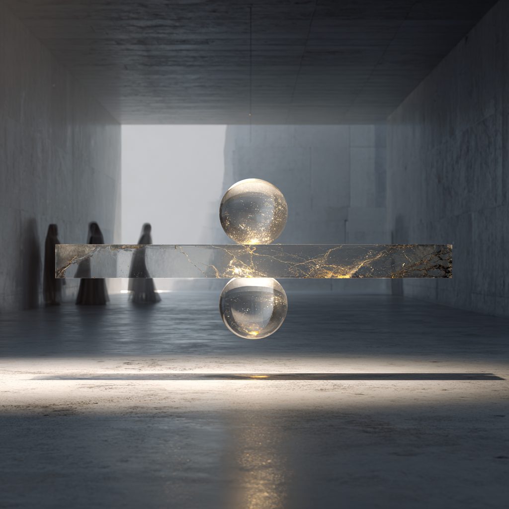 A vast, pale stone hall in soft mist, where a long translucent beam balances between two glass spheres while small dark-robed figures stand at the edge of the room.