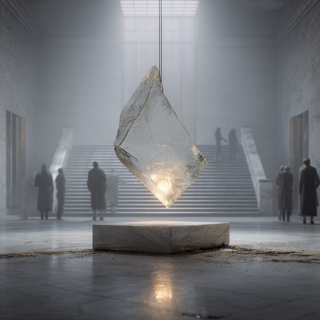 A large translucent crystal hangs above a stone plinth in a misty hall with a wide staircase, while small figures in dark coats stand around it.