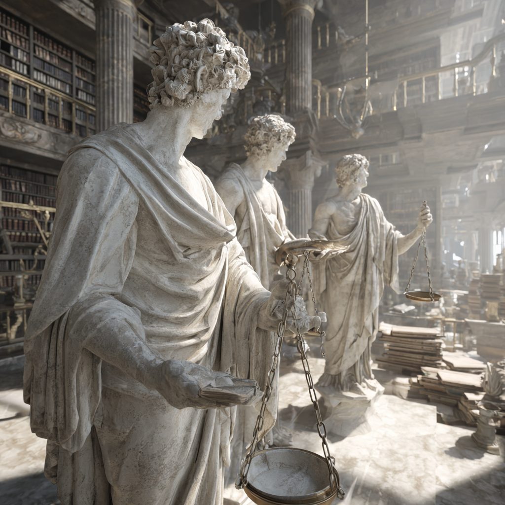 Three white marble statues in classical robes stand in a vast sunlit library; the nearest holds an open book and a bronze balance scale, and the two behind it hold scales of their own among stacked volumes.