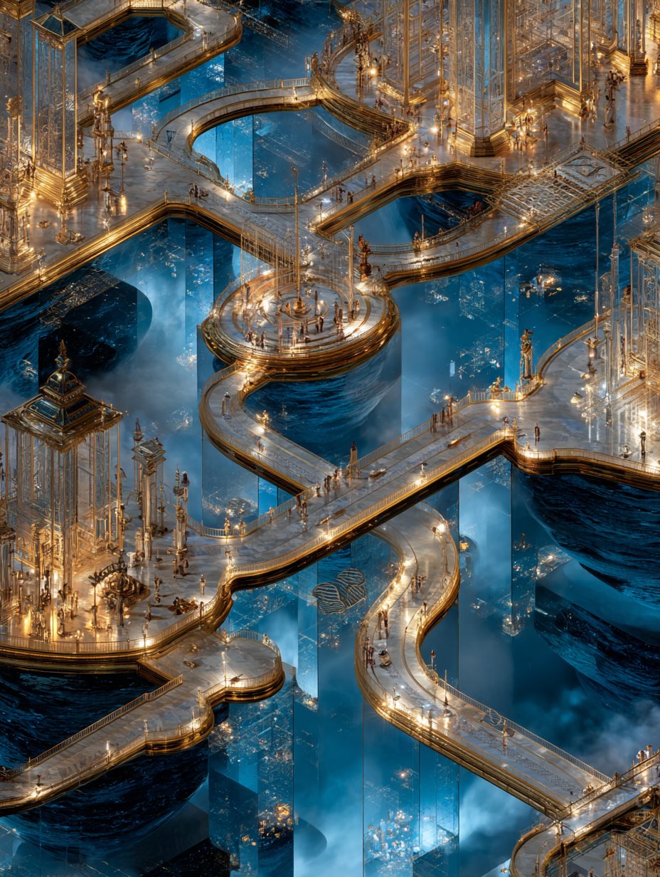 Aerial view of a luminous city of golden walkways and bridges that wind, branch and rejoin between deep blue blocks.