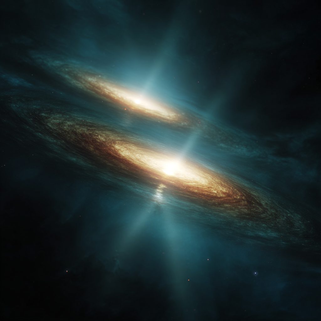 Two bright galactic disks, one above the other, glow gold and teal against dark space as if drawn slowly toward each other.