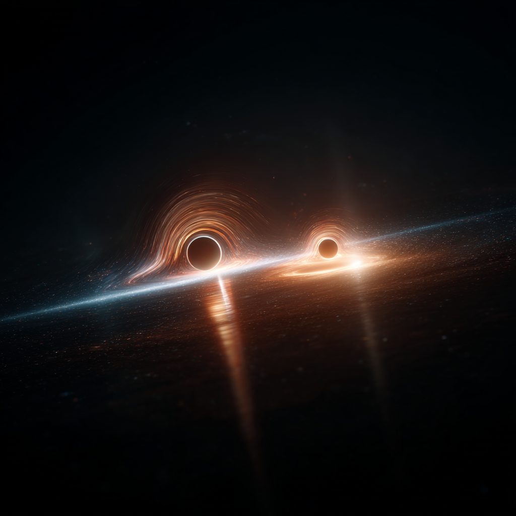Two black holes ringed with glowing orange light sit side by side against a black field, a thin bright band of light passing between them.